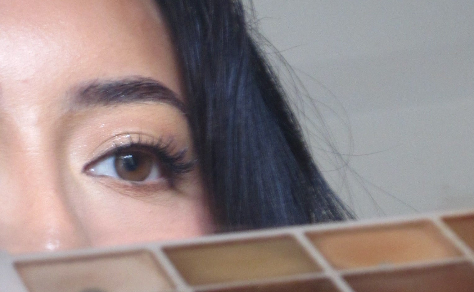 Makeup palette with a mirror held up to a person's eye